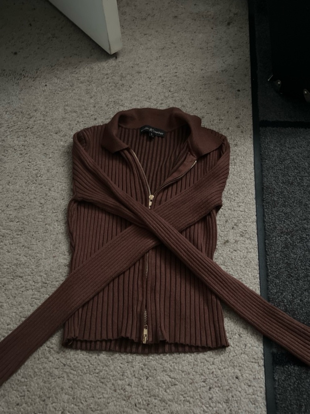 Almost Famous Ribbed Zip-Front Cardigan - Brown - Picture 2 of 3